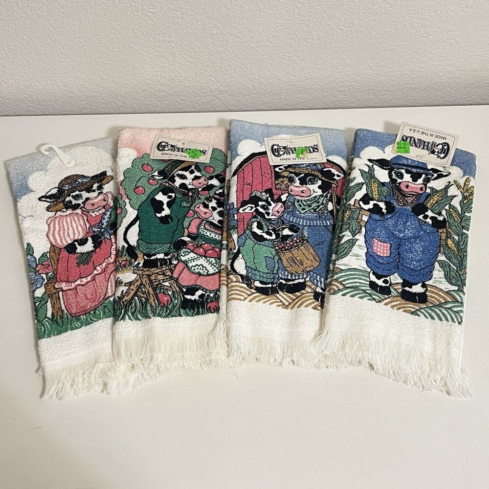 Vintage Cannon Cowhands Cow Kitchen Hand Dish Towels Set of 4 USA